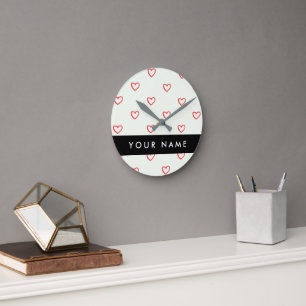 Red Hearts Pattern, Liefde, Jouw naam, Personalise Ronde Klok