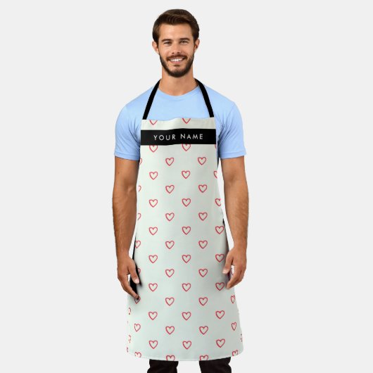 Red Hearts Pattern, Liefde, Jouw naam, Personalise Schort (Gedragen)