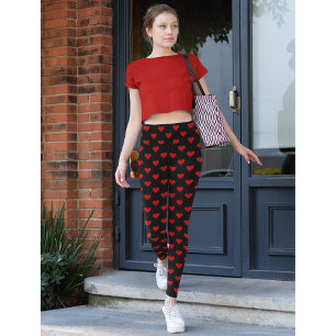 Red Hearts Pattern Love Black Mode Yoga Workout Leggings