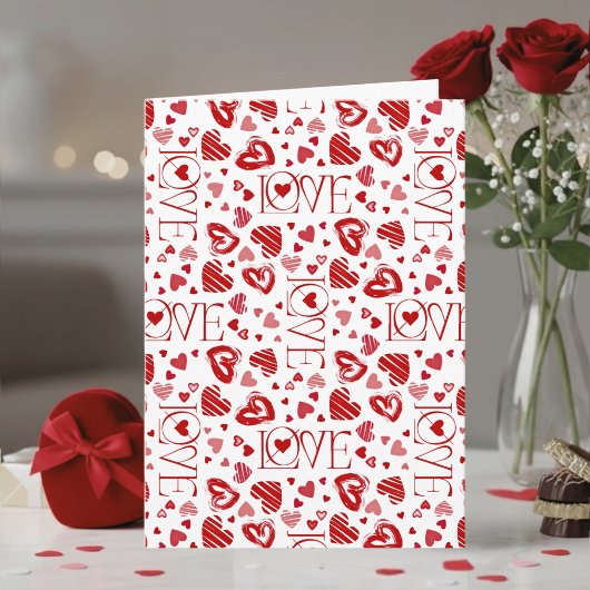 Red Hearts Pattern Love Script Happy Valentine's Kaart