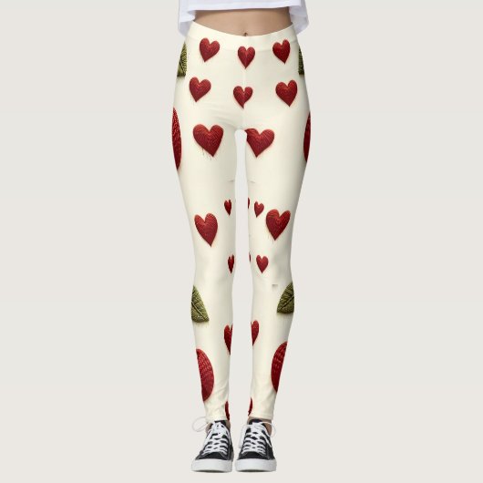 Red Hearts Pattern White Leggings - Romantic Valen (Voorkant)
