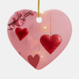 Red Hearts Pink Flowers on Romantic Valentine Tree Keramisch Ornament