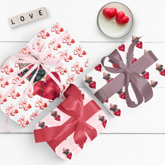 Red Hearts Pug Hondenliefhebber Valentijnse Cadeau Inpakpapier Vel