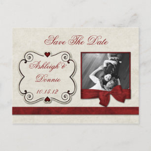 Red Hearts Scrolls Ribbon Foto Sla de datum op Aankondigingskaart