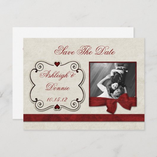 Red Hearts Scrolls Ribbon Foto Sla de datum op Aankondigingskaart (Voorkant / Achterkant)