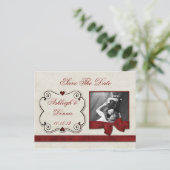 Red Hearts Scrolls Ribbon Foto Sla de datum op Aankondigingskaart (Staand voorkant)