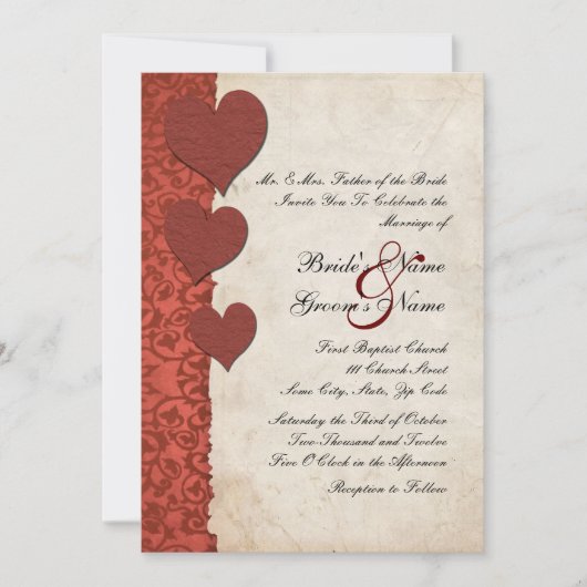 Red Hearts Torn Paper Wedding Invitation Kaart (Voorkant)