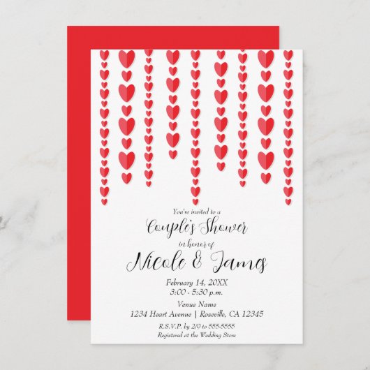 Red Hearts Valentijn Couple's Trouwdouche Kaart (Voorkant / Achterkant)