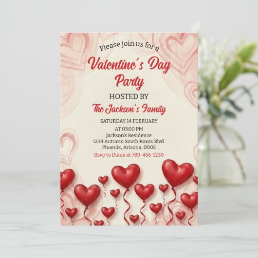 Red Hearts Valentine's Day Party Kaart (Staand voorkant)