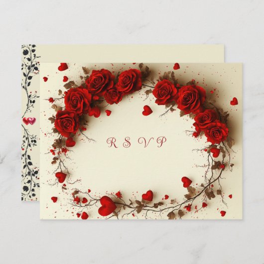 Red Hearts Valentine's Day Wedding RSVP Kaartje (Voorkant / Achterkant)