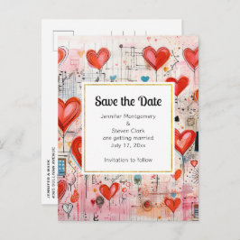 Red Hearts Whimsical Love Pattern Save the Date Uitnodiging Briefkaart