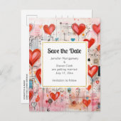 Red Hearts Whimsical Love Pattern Save the Date Uitnodiging Briefkaart (Voorkant / Achterkant)