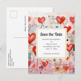 Red Hearts Whimsical Love Pattern Save the Date Uitnodiging Briefkaart