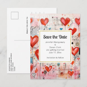 Red Hearts Whimsical Love Pattern Save the Date Uitnodiging Briefkaart
