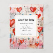 Red Hearts Whimsical Love Pattern Save the Date Uitnodiging Briefkaart (Voorkant)