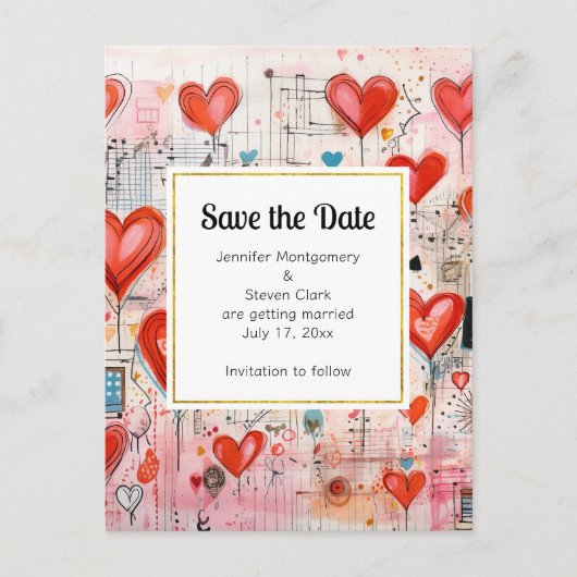 Red Hearts Whimsical Love Pattern Save the Date Uitnodiging Briefkaart (Voorkant)