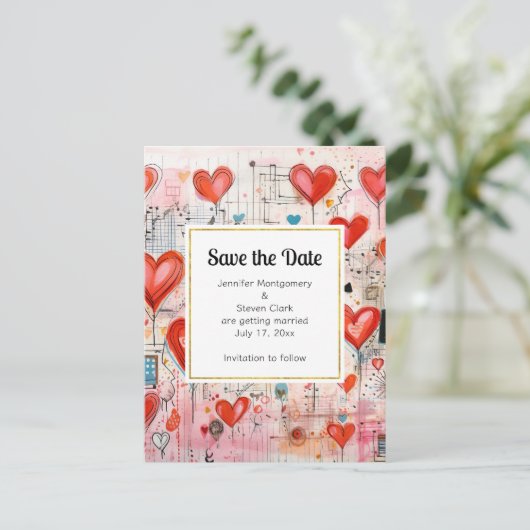 Red Hearts Whimsical Love Pattern Save the Date Uitnodiging Briefkaart (Staand voorkant)