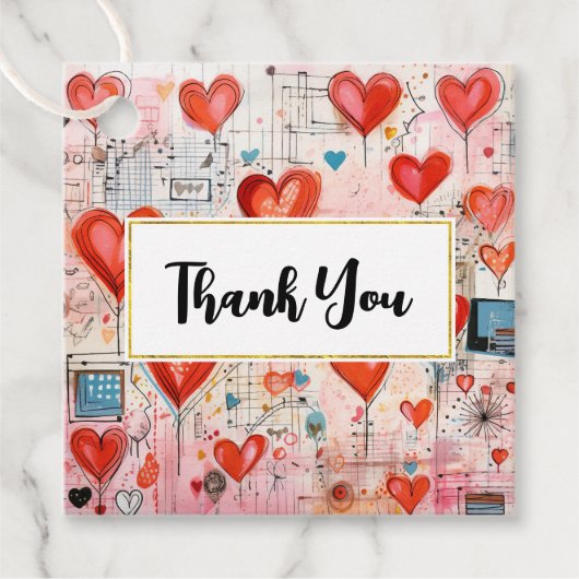 Red Hearts Whimsical Love Pattern Thank You Bedankjes Labels (Voorkant)