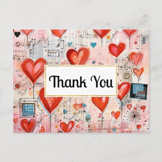 Red Hearts Whimsical Love Pattern Thank You Briefkaart (Voorkant)