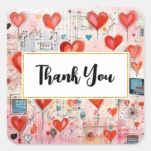 Red Hearts Whimsical Love Pattern Thank You Vierkante Sticker (Voorkant)