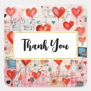 Red Hearts Whimsical Love Pattern Thank You Vierkante Sticker