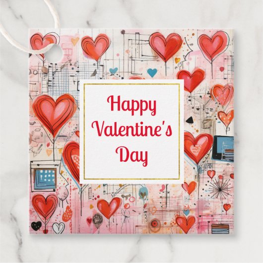 Red Hearts Whimsical Love Pattern Valentine's Day Bedankjes Labels (Voorkant)