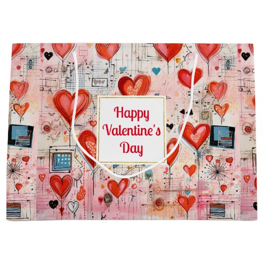 Red Hearts Whimsical Love Pattern Valentine's Day Groot Cadeauzakje (Voorkant)