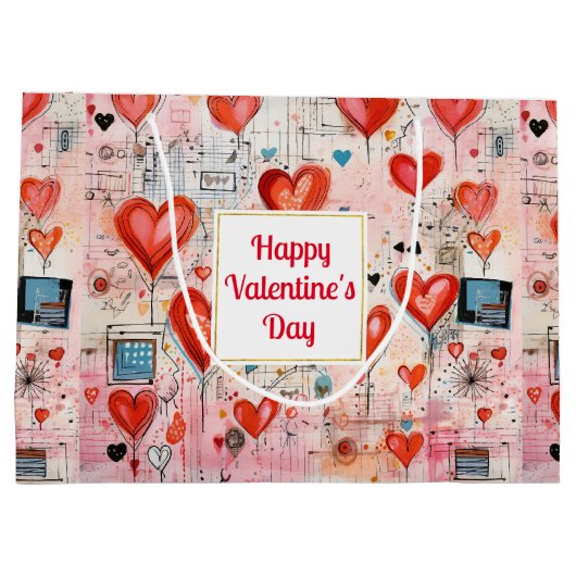 Red Hearts Whimsical Love Pattern Valentine's Day Groot Cadeauzakje (Achterkant)