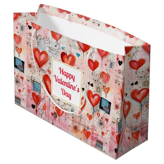 Red Hearts Whimsical Love Pattern Valentine's Day Groot Cadeauzakje (Achterkant Gekanteld)