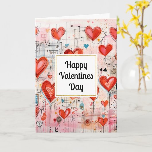 Red Hearts Whimsical Love Pattern Valentine's Day Kaart (Gele Bloem)