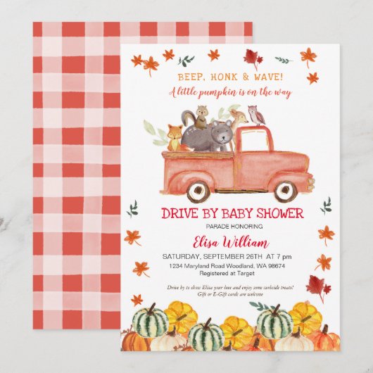 Red Herfst Truck Pumpkin Autumn drive by Baby show Kaart (Voorkant / Achterkant)