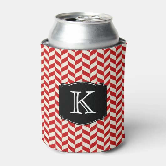 Red Herringbone Chevrons Patroon met Monogram Blikjeskoeler (Blikje Voorkant)