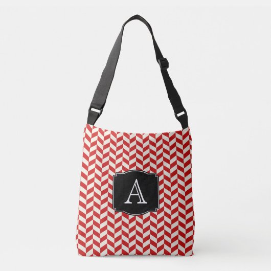 Red Herringbone Chevrons Patroon met Monogram Crossbody Tas (Voorkant)