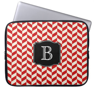 Red Herringbone Chevrons Patroon met Monogram Laptop Sleeve