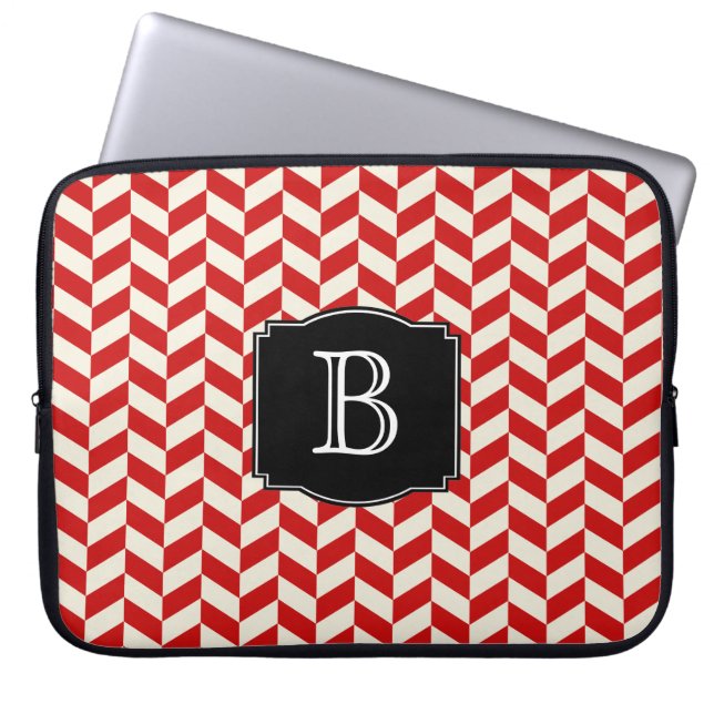 Red Herringbone Chevrons Patroon met Monogram Laptop Sleeve (Voorkant)