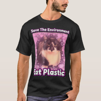 Red het milieu Eet Plastic Kat Meme Grappig T-shirt