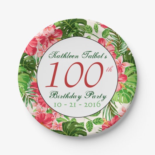 Red Hibiscus 100th Birthday Party Paper Bord (Voorkant)