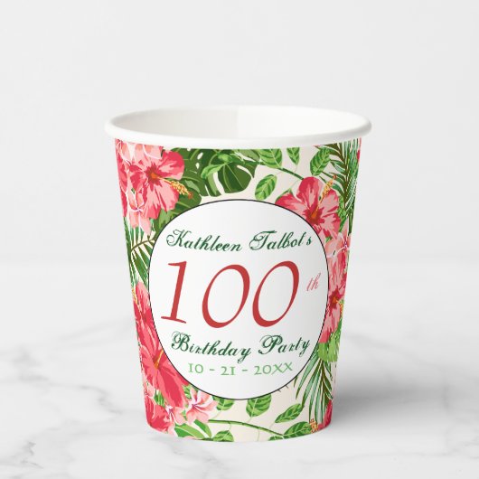 Red Hibiscus 100th Birthday Party Paper Cup Papieren Bekers (Links)
