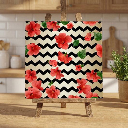 Red Hibiscus bloemen op zwarte en beige Chevron Tegeltje