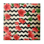 Red Hibiscus bloemen op zwarte en beige Chevron Tegeltje (Voorkant)
