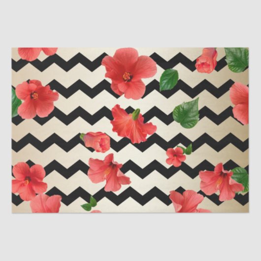 Red Hibiscus bloemen op zwarte en beige Chevron Tissuepapier (Voorkant)