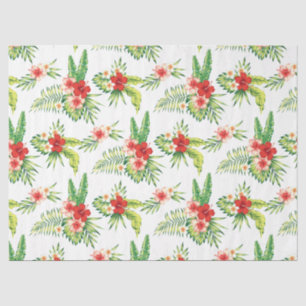 Red Hibiscus en Green Tropical Leafs Pattern Tissuepapier