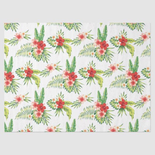 Red Hibiscus en Green Tropical Leafs Pattern Tissuepapier (Voorkant)