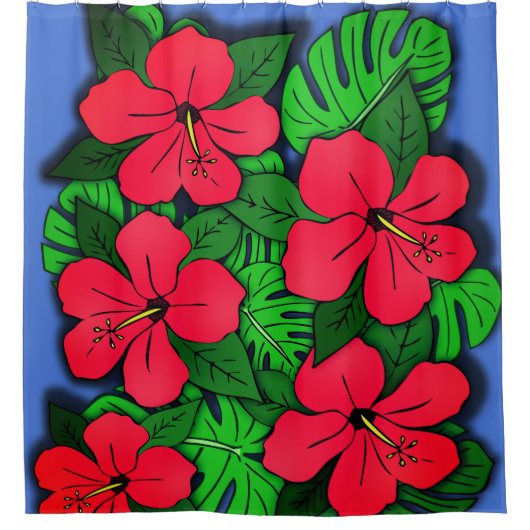 Red Hibiscus en Monstera Douchegordijn (Voorkant)