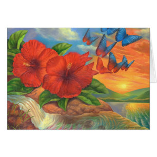 Red Hibiscus Floral met Butterflies Surreal Card