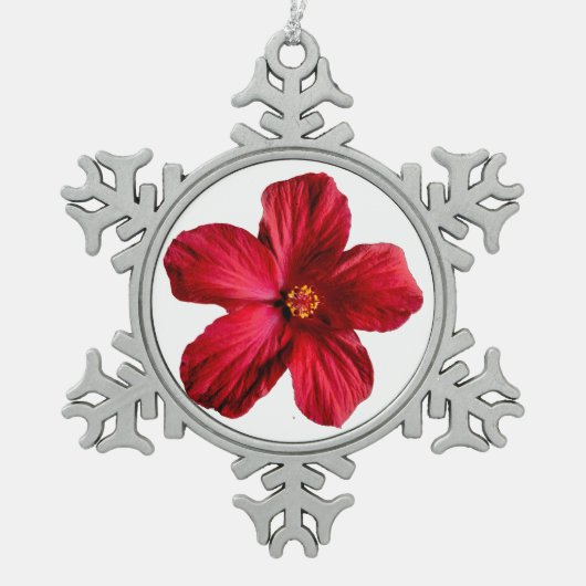 Red Hibiscus Flower Pewter Snowflake Ornament (Voorkant)