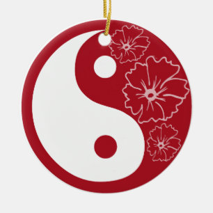 Red Hibiscus Flower Yin Yang Keramisch Ornament