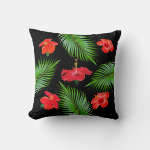 Red Hibiscus Flowers & Palm Leaves op Black Kussen