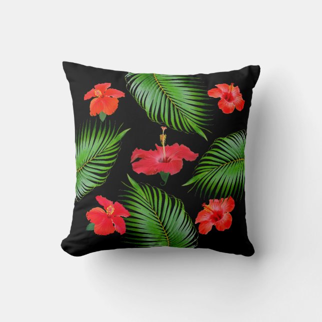 Red Hibiscus Flowers & Palm Leaves op Black Kussen (Voorkant)