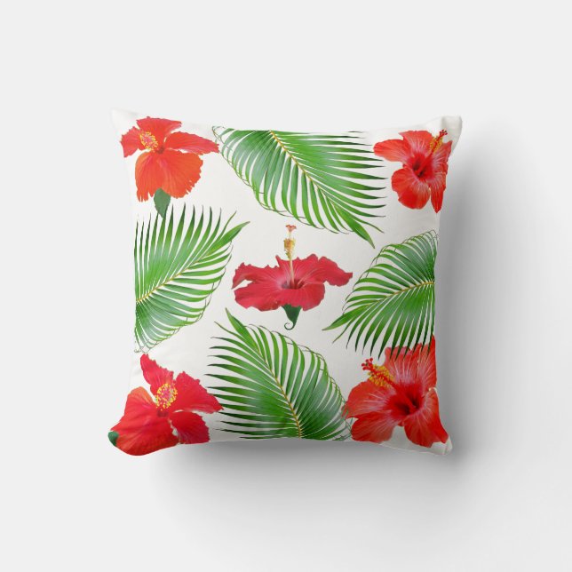 Red Hibiscus Flowers & Palm Leaves op White Kussen (Voorkant)